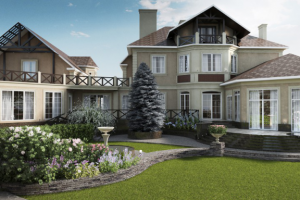 3д визуализация загородного дома и ландшафтного дизайна