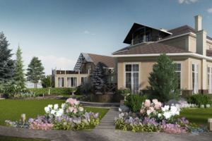 3д визуализация загородного дома и ландшафтного дизайна
