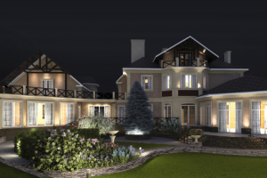 3д визуализация загородного дома и ландшафтного дизайна