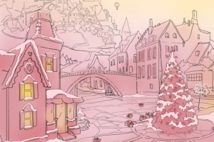 Снежный городок, эскиз локации для компьютерной игры.