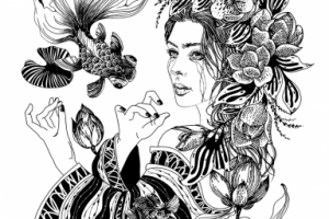 Девушка с рыбками (ЧБ графика)