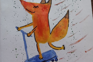 Лиса на самокате акварелью