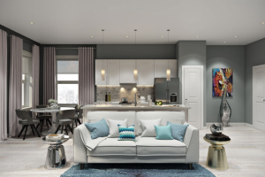 3D визуализация интерьера  гостинной переходящей в кухню