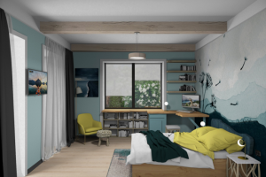 Интерьер спальной комнаты в экодоме