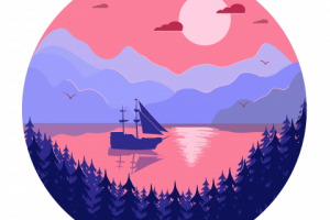 landscape with ship and sunset