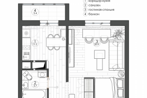 Планировочное решение однокомнатной квартиры (36м2)