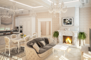 Кухня-гостиная  с камином в коттедже 350 кв.м. в Лен.области