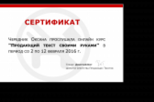 Сертификат от Дмитрия Кота (продающие тексты)