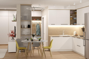 Кухня-гостиная в скандинавском стиле для большой семьи