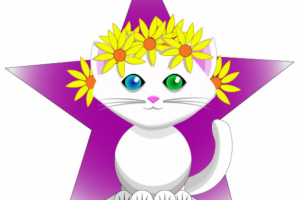 Sweet cute white kitten with blue and green eyes wearing wreath