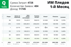 ИМ Пледов 1-й Меся (Затраты 472$ Доход 1174$)