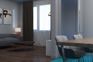 Дизайн кухни и гостиной загородного дома.