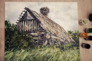 Картина акрилом на холсте "Заброшенный дом"