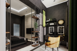 Интерьер спальни с балконом