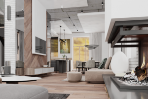 Интерьер гостинной и столовой в загородном доме