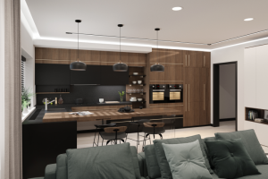 Интерьер кухни-гостиной для молодой семьи. Вид на кухню