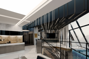 Интерьер двухуровневых апартаментов с бассейном