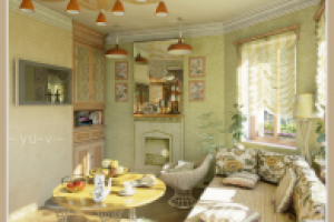 Кухня-гостиная "Д". Вид на камин. День.