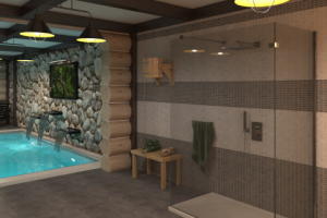 Интерьер и визуализация бассейна и сауны в гостинице