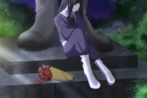 Иллюстрация аниме - ночь у памятника