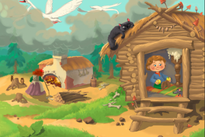 иллюстрация к сказке "Гуси лебеди" фрагмент