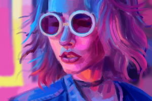 Девушка в неоновом освещении, работа для "Строительное винишко"