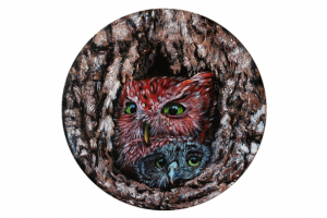 Horned owls in a tree hollow