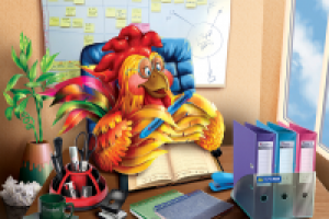 Символ года "Петух". Иллюстрация для календаря. Канцтовары.