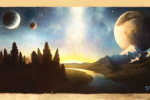 Космос на стене в гостинной, аэрозольная краска