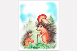 Иллюстрация для детской книги стихов.Ёжики. Акварель.