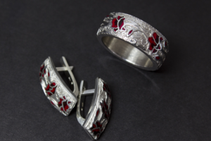 Комплект "Маки". Горячая эмаль, серебро.