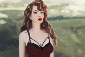 Кудрявая рыжая девушка в платье