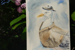 Рисунок акварелью. Чайка в пальто