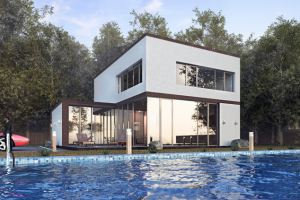 Визуализация загородного дома с бассейном в стиле хай тек