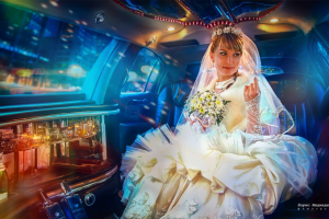 протрет невесты на прогулке в в лимузине - стиль картина маслом