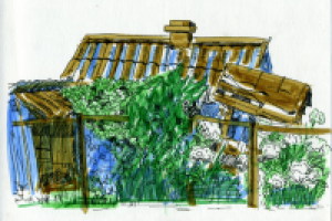 Домик с гортензиями (фломастеры, лайнер)