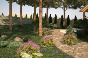 Проект ландшафтного дизайна с системой озеленения в лесном стиле