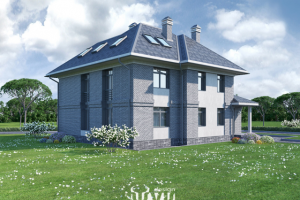 Коттедж из керам. блоков. Отделка фасада облицовочным кирпичом.