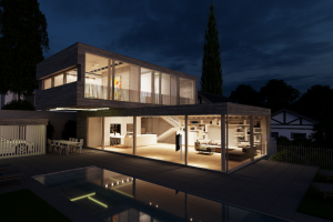 3д-визуализация коттеджа. Ночной вид