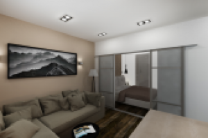 Гостиная в однокомнатной квартире с видом на спальню