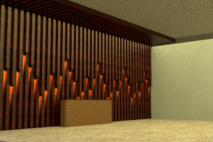 Визуализация стены с декоративными рейками и освещением