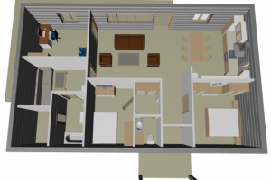 3D вид планировочное решение с расстановкой мебели в коттедже