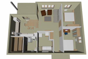 3D вид планировочное решение с расстановкой мебели в коттедже