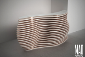 Стойка ресепшн из фанеры, толщиной 18 мм и каленого стекла.