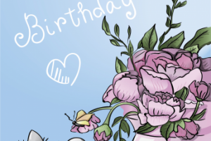 Открытка на День рождения с котиком и пионами