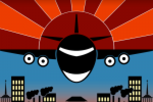 Векторное изображение самолёта летящего над городом.