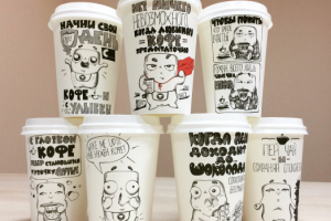 Креативный дизайн кофейный стаканчиков с фирменным персонажем