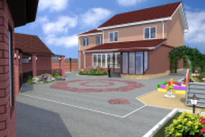 Проект. Двор частного дома + веранда. Визуализация