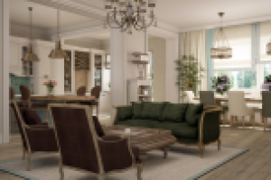 Визуализация гостиной в загородном коттедже