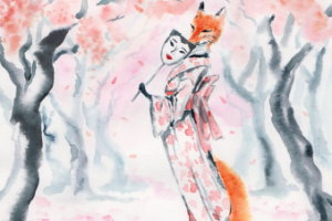 Акварельная японская лисичка (очень хитрая!)